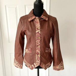 NWT Coldwater Creek Tapestry  Trim Leather Jacket